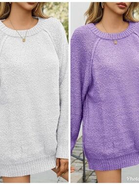 Plush Crewneck Sweater - White and Lavender